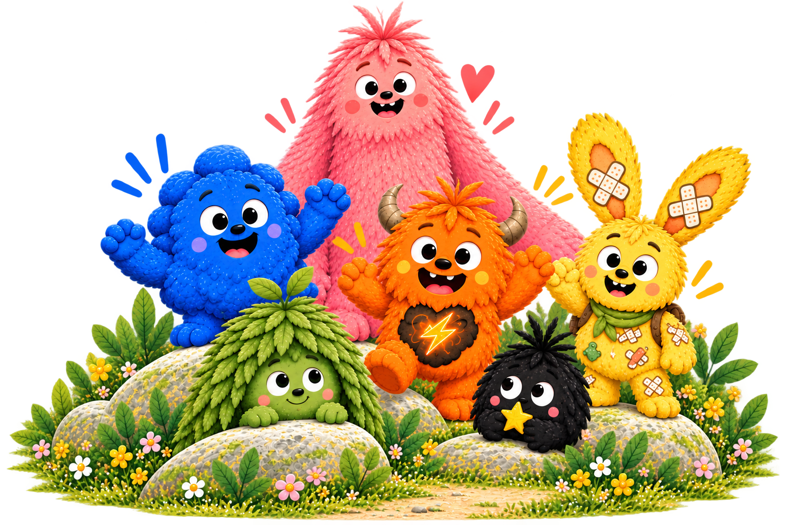 Mimo, Zuzu, Nuku, Rumbo, Hoppy and Peek together